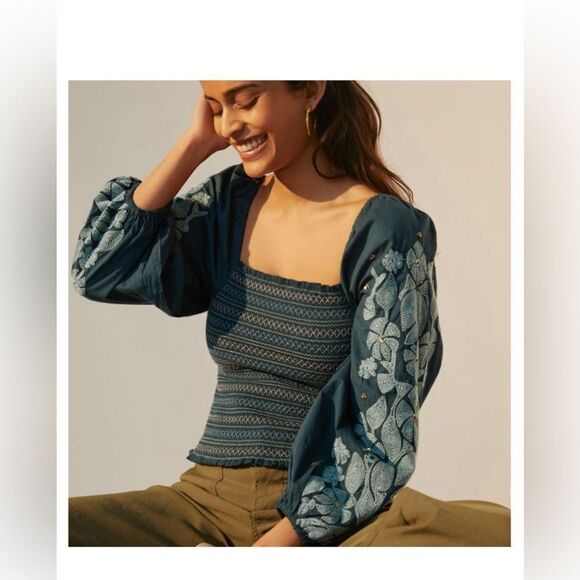 Anthropologie Women’s Small Smocked Embroidered Sequins Puff Sleeve Blue Top - Picture 11 of 11